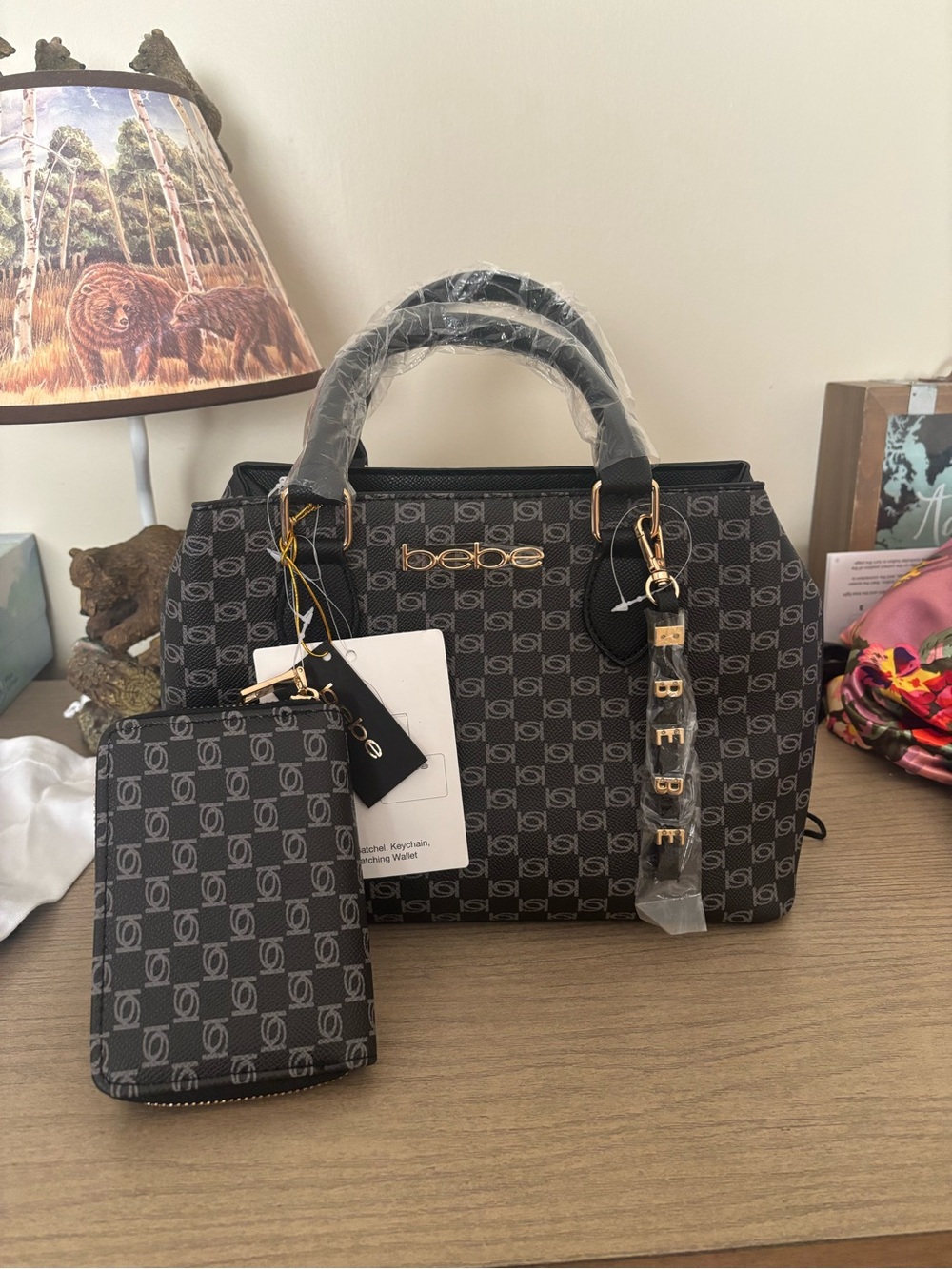 bebe adela monogram Satchel with Matching Wallet